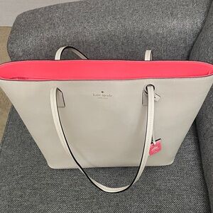KATE SPADE Large Leather Tote Bag. Bone (Cream/Tan) Color w/Bright Pink Interior